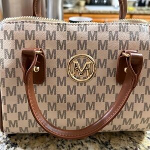 Elegant M Monogram Satchel in Beige and Brown